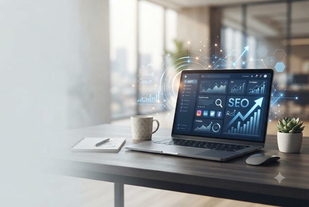 SEO and digital marketing analytics dashboard with growth chart